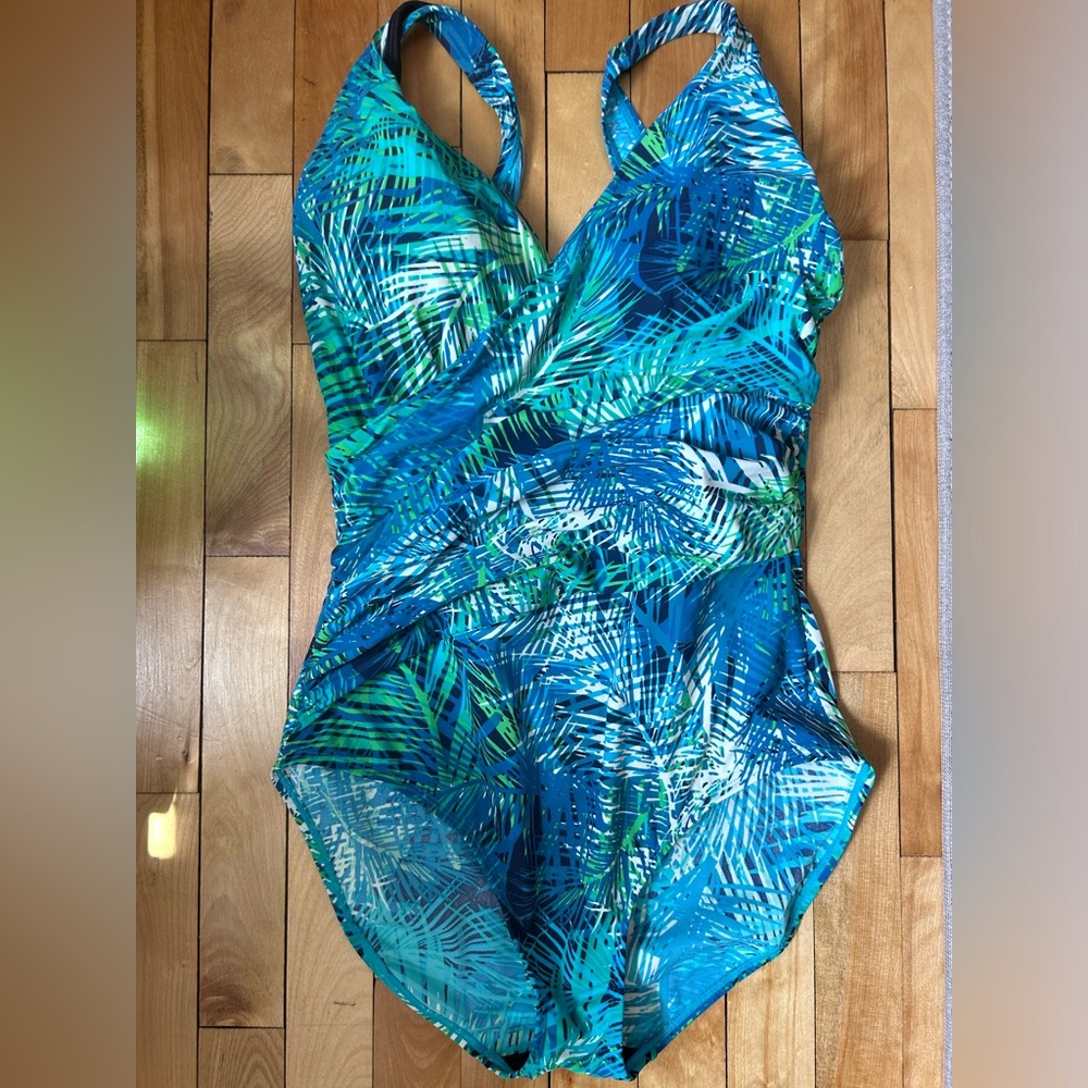 L.L. Bean Teal & Blue Tropical Print One-Piece Swimsuit